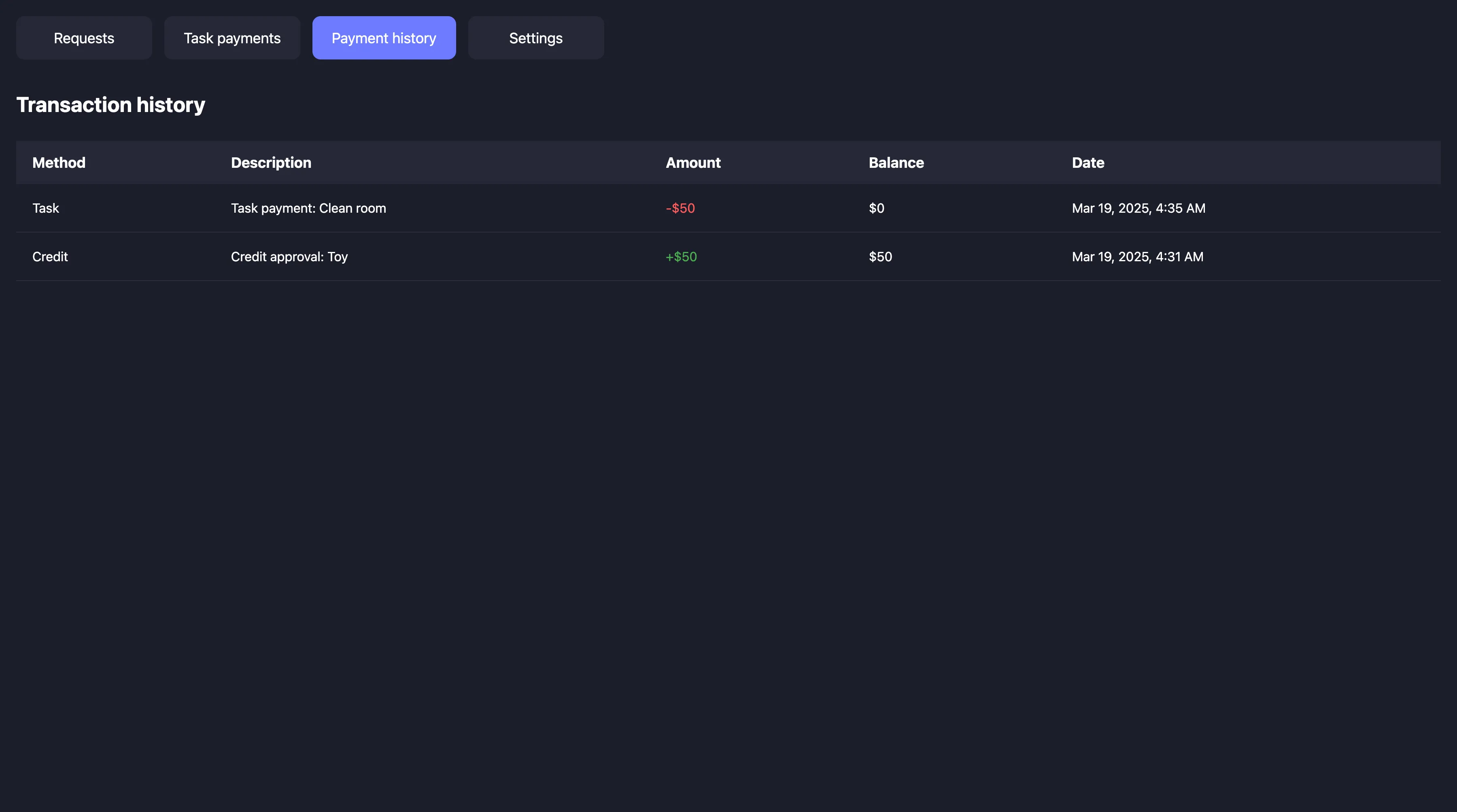 Transaction history