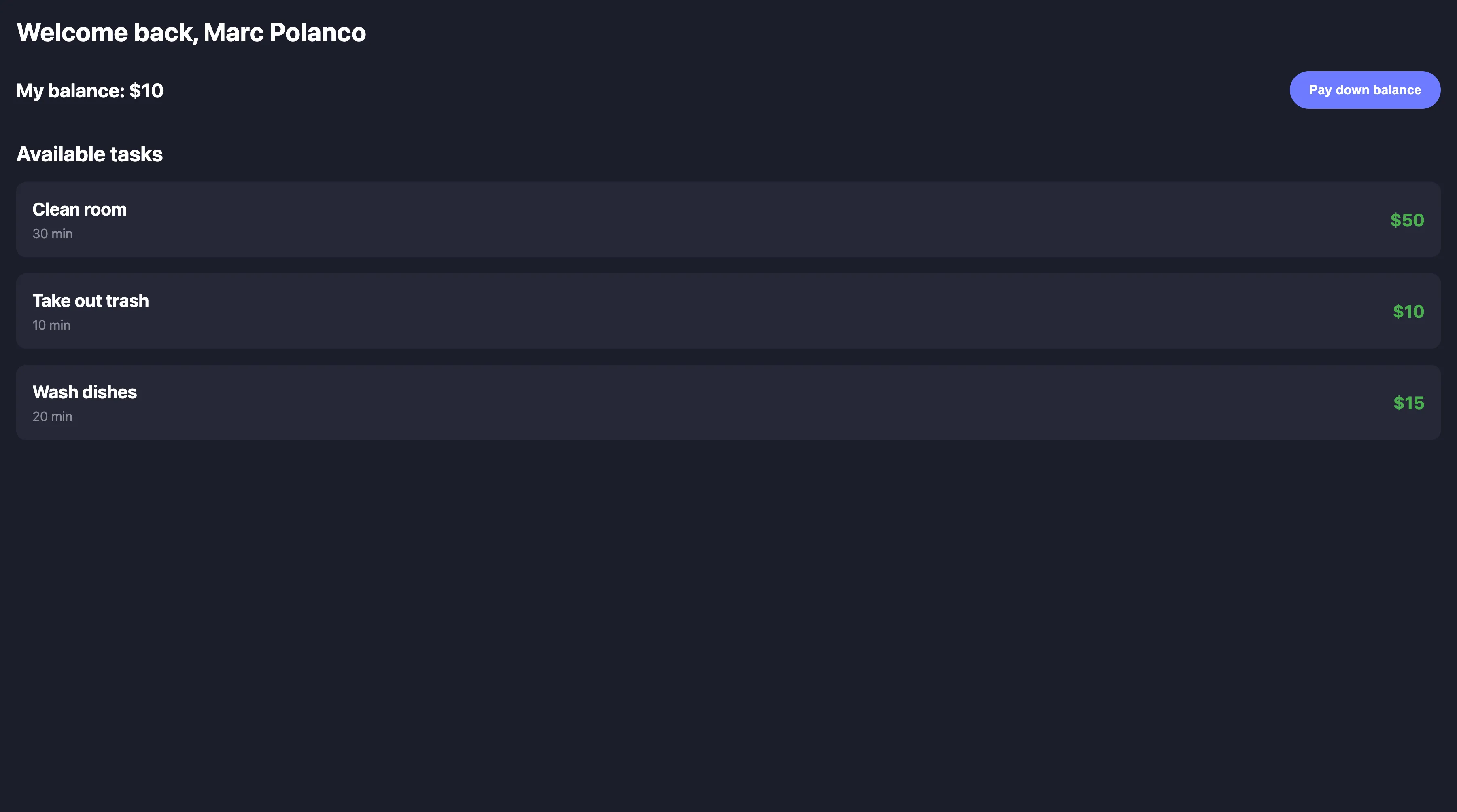 Available tasks view